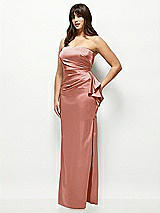 Side View Thumbnail - Desert Rose Strapless Draped Skirt Satin Maxi Dress with Cascade Ruffle