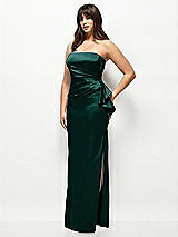 Side View Thumbnail - Evergreen Strapless Draped Skirt Satin Maxi Dress with Cascade Ruffle