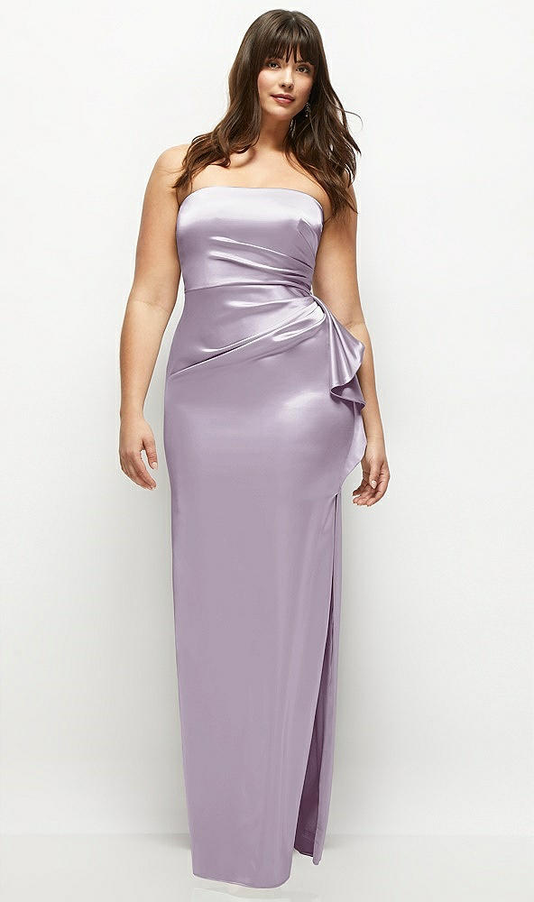 Front View - Lilac Haze Strapless Draped Skirt Satin Maxi Dress with Cascade Ruffle