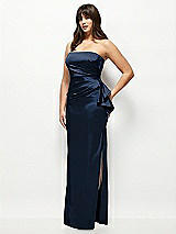 Side View Thumbnail - Midnight Navy Strapless Draped Skirt Satin Maxi Dress with Cascade Ruffle