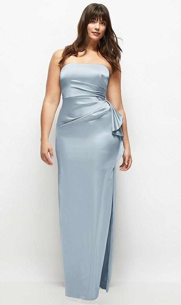 Front View - Mist Strapless Draped Skirt Satin Maxi Dress with Cascade Ruffle