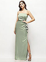 Alt View 1 Thumbnail - Sage Strapless Draped Skirt Satin Maxi Dress with Cascade Ruffle