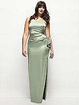 Front View Thumbnail - Sage Strapless Draped Skirt Satin Maxi Dress with Cascade Ruffle