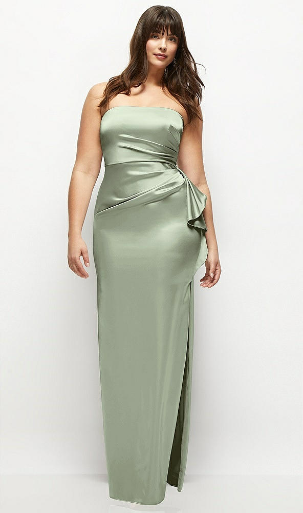 Front View - Sage Strapless Draped Skirt Satin Maxi Dress with Cascade Ruffle