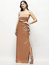 Alt View 1 Thumbnail - Toffee Strapless Draped Skirt Satin Maxi Dress with Cascade Ruffle