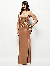 Side View Thumbnail - Toffee Strapless Draped Skirt Satin Maxi Dress with Cascade Ruffle