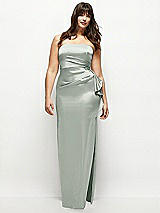 Front View Thumbnail - Willow Green Strapless Draped Skirt Satin Maxi Dress with Cascade Ruffle