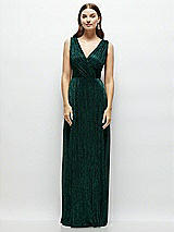 Front View Thumbnail - Metallic Evergreen Draped V-Neck Pleated Metallic Maxi Dress with Deep V-Back