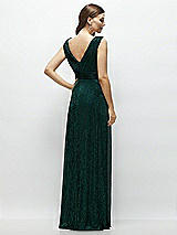 Rear View Thumbnail - Metallic Evergreen Draped V-Neck Pleated Metallic Maxi Dress with Deep V-Back