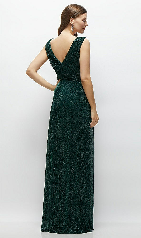 Back View - Metallic Evergreen Draped V-Neck Pleated Metallic Maxi Dress with Deep V-Back