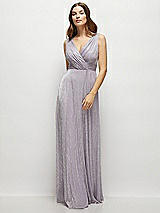 Front View Thumbnail - Metallic Lilac Haze Draped V-Neck Pleated Metallic Maxi Dress with Deep V-Back