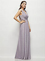 Side View Thumbnail - Metallic Lilac Haze Draped V-Neck Pleated Metallic Maxi Dress with Deep V-Back