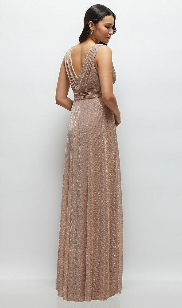 Back View - Metallic Sienna Draped V-Neck Pleated Metallic Maxi Dress with Deep V-Back