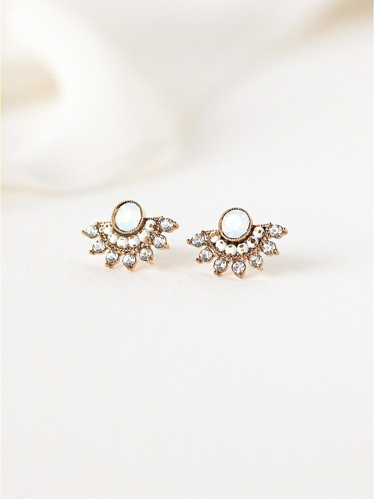 Front View - Gold White Opal Crystal Fan Stud Earrings