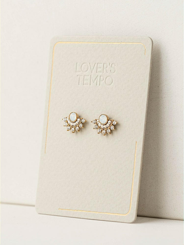 Back View - Gold White Opal Crystal Fan Stud Earrings