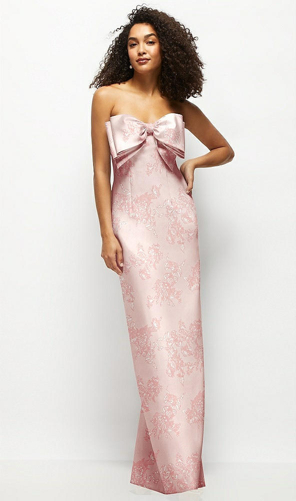 Front View - Bow And Blossom Print Strapless Floral Satin Column Maxi Dress with Oversized Bow