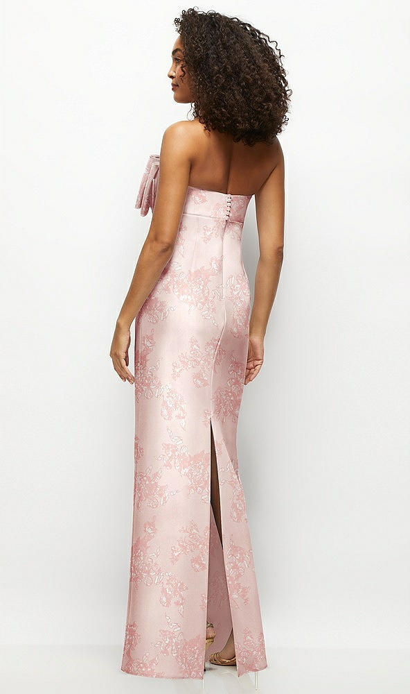 Back View - Bow And Blossom Print Strapless Floral Satin Column Maxi Dress with Oversized Bow