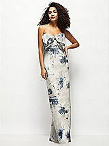 Front View Thumbnail - Inkwash Blue Floral Strapless Floral Satin Column Maxi Dress with Oversized Bow