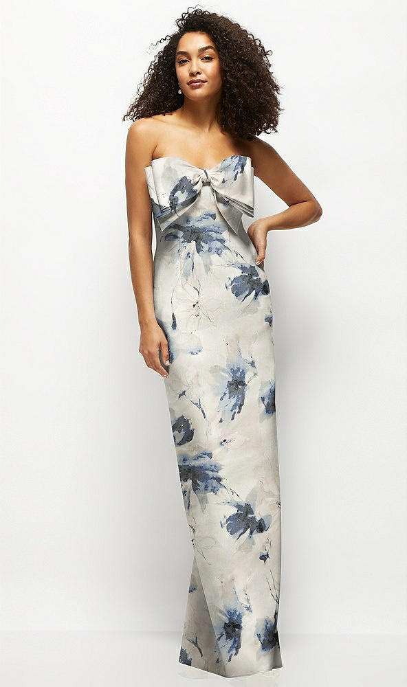 Front View - Inkwash Blue Floral Strapless Floral Satin Column Maxi Dress with Oversized Bow