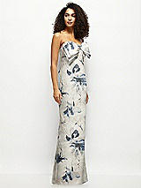 Side View Thumbnail - Inkwash Blue Floral Strapless Floral Satin Column Maxi Dress with Oversized Bow