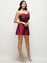 Side View Thumbnail - Burgundy Strapless Bell Skirt Satin Mini Dress with Oversized Bow