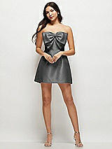 Front View Thumbnail - Gunmetal Strapless Bell Skirt Satin Mini Dress with Oversized Bow