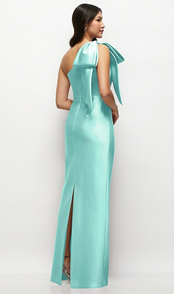 Back View - Coastal Oversized Bow One-Shoulder Satin Column Maxi Dress