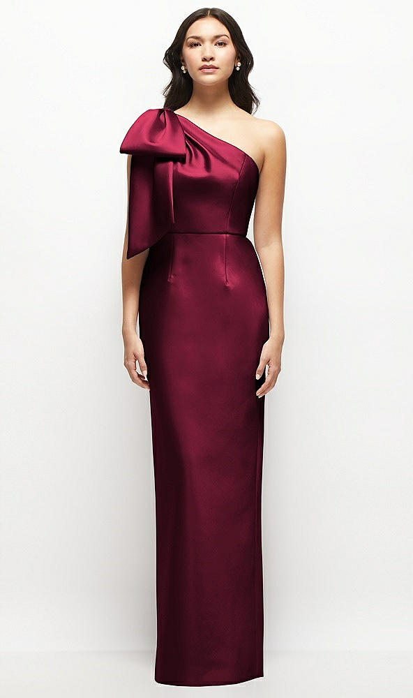 Front View - Cabernet Oversized Bow One-Shoulder Satin Column Maxi Dress