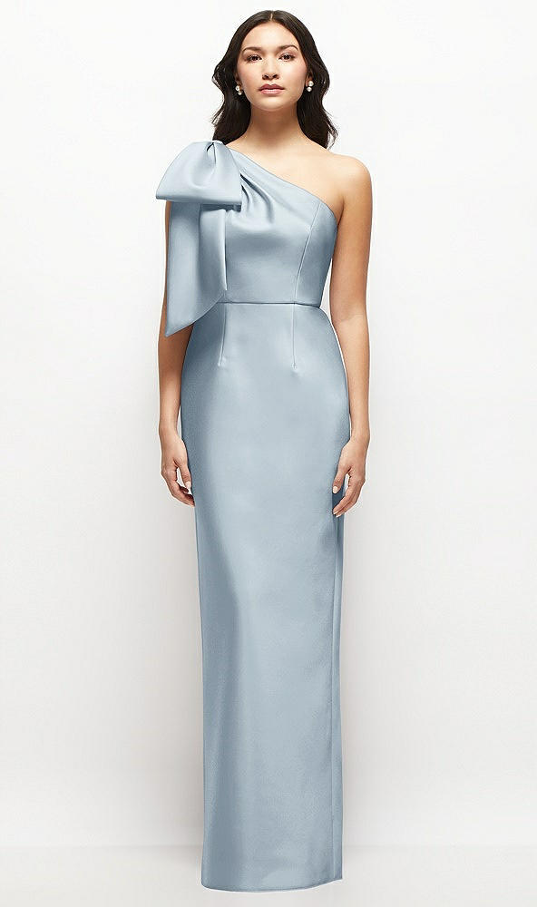 Front View - Mist Oversized Bow One-Shoulder Satin Column Maxi Dress