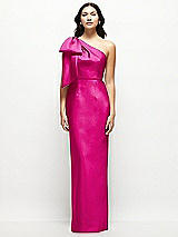 Front View Thumbnail - Think Pink Oversized Bow One-Shoulder Satin Column Maxi Dress