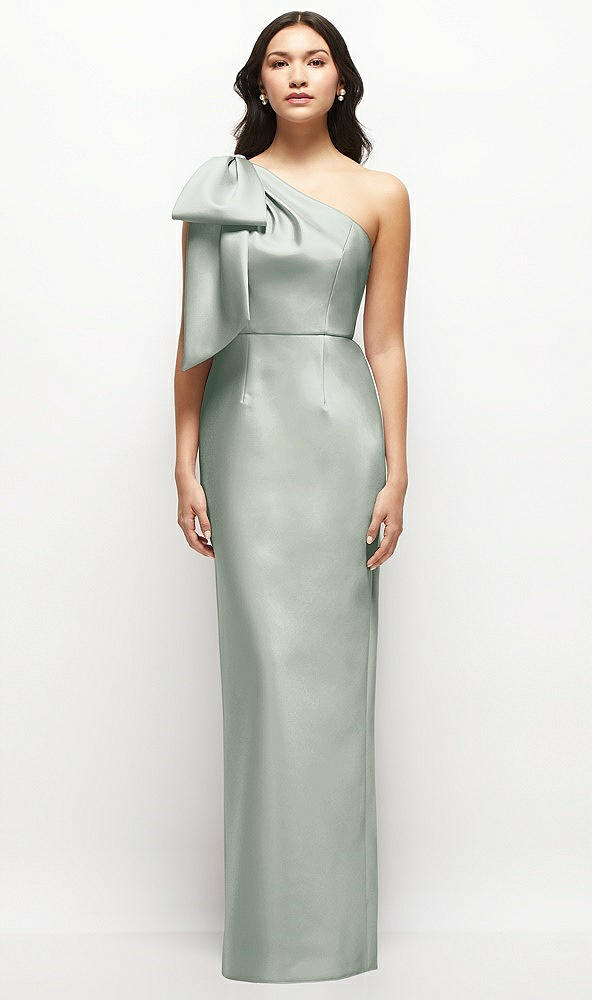 Front View - Willow Green Oversized Bow One-Shoulder Satin Column Maxi Dress