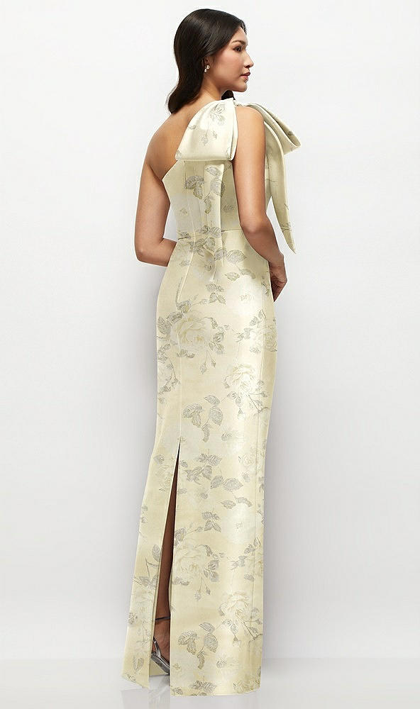 Back View - Butter Yellow Floral Oversized Bow One-Shoulder Floral Satin Column Maxi Dress
