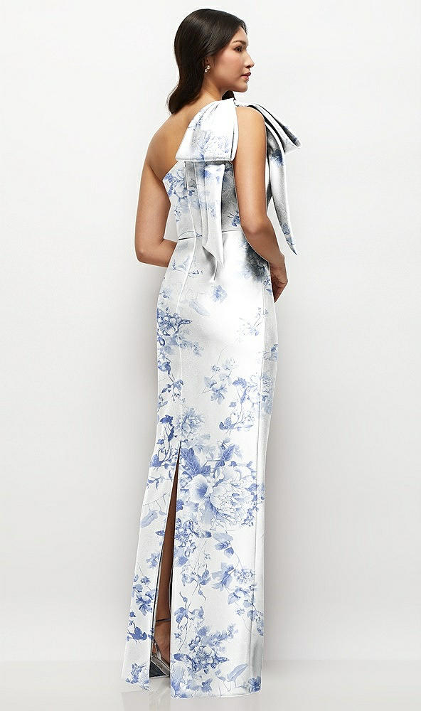 Back View - Cottage Rose Larkspur Oversized Bow One-Shoulder Floral Satin Column Maxi Dress