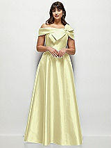 Front View Thumbnail - Butter Yellow Asymmetrical Bow Off-Shoulder Satin Gown with Ballroom Skirt