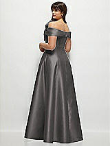 Rear View Thumbnail - Caviar Gray Asymmetrical Bow Off-Shoulder Satin Gown with Ballroom Skirt