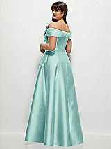 Rear View Thumbnail - Coastal Asymmetrical Bow Off-Shoulder Satin Gown with Ballroom Skirt