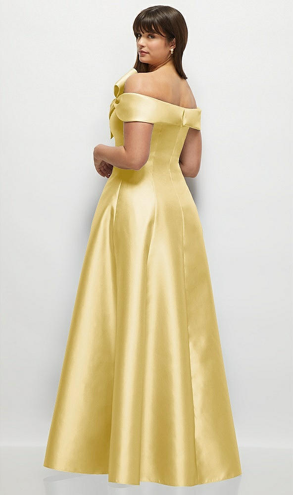 Back View - Maize Asymmetrical Bow Off-Shoulder Satin Gown with Ballroom Skirt