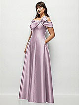 Side View Thumbnail - Suede Rose Asymmetrical Bow Off-Shoulder Satin Gown with Ballroom Skirt