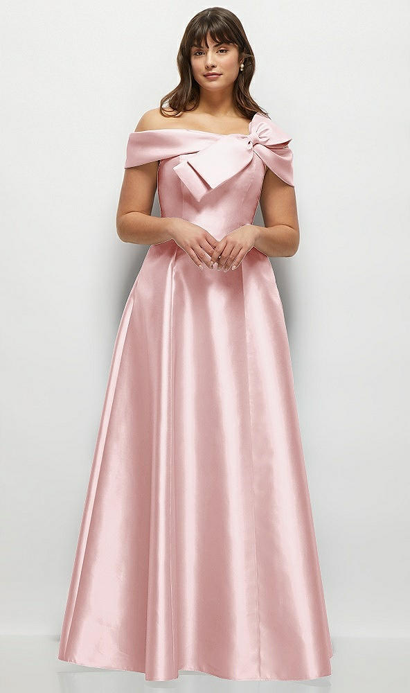 Front View - Ballet Pink Asymmetrical Bow Off-Shoulder Satin Gown with Ballroom Skirt