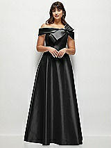 Front View Thumbnail - Black Asymmetrical Bow Off-Shoulder Satin Gown with Ballroom Skirt