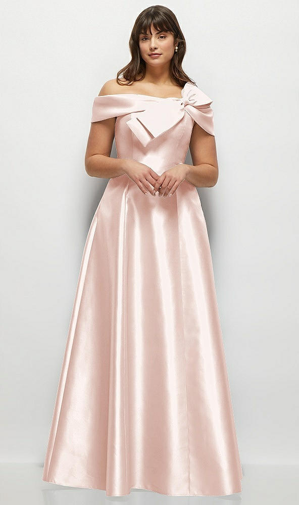 Front View - Blush Asymmetrical Bow Off-Shoulder Satin Gown with Ballroom Skirt