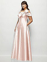 Side View Thumbnail - Blush Asymmetrical Bow Off-Shoulder Satin Gown with Ballroom Skirt