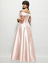 Rear View Thumbnail - Blush Asymmetrical Bow Off-Shoulder Satin Gown with Ballroom Skirt