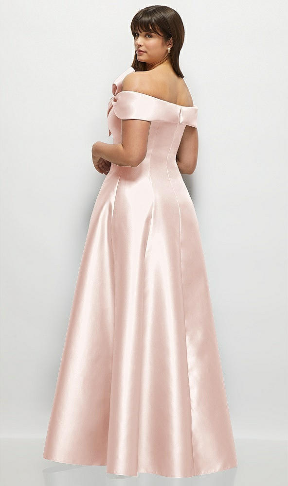 Back View - Blush Asymmetrical Bow Off-Shoulder Satin Gown with Ballroom Skirt