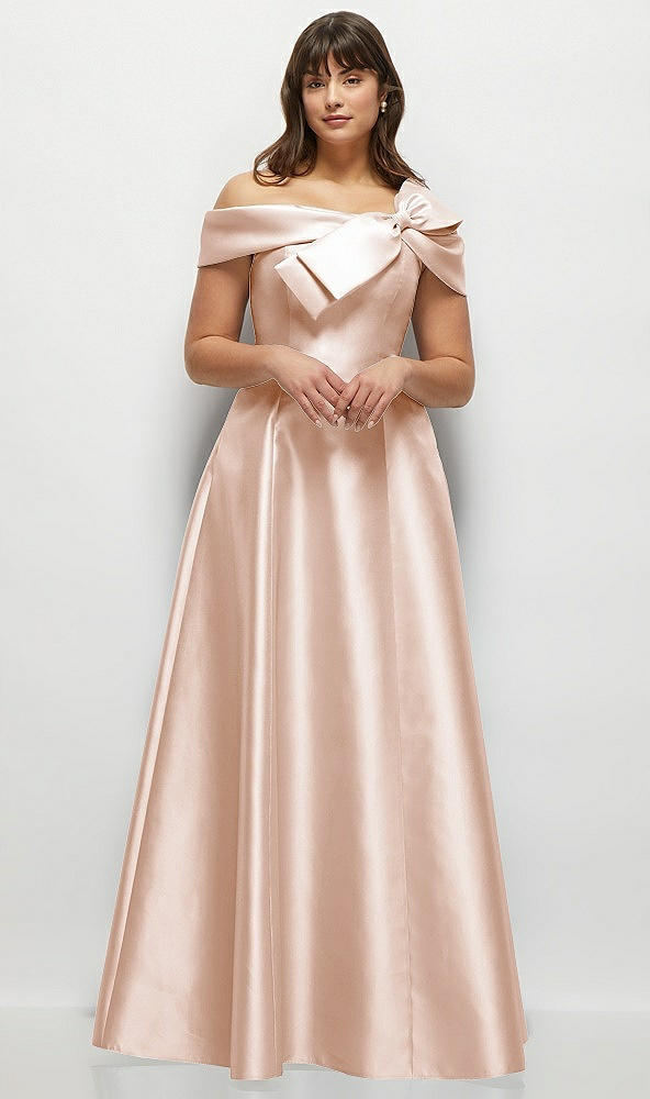 Front View - Cameo Asymmetrical Bow Off-Shoulder Satin Gown with Ballroom Skirt