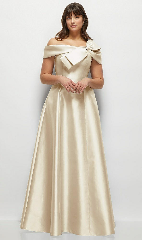 Front View - Champagne Asymmetrical Bow Off-Shoulder Satin Gown with Ballroom Skirt