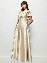 Side View Thumbnail - Champagne Asymmetrical Bow Off-Shoulder Satin Gown with Ballroom Skirt