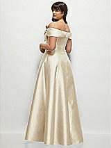 Rear View Thumbnail - Champagne Asymmetrical Bow Off-Shoulder Satin Gown with Ballroom Skirt