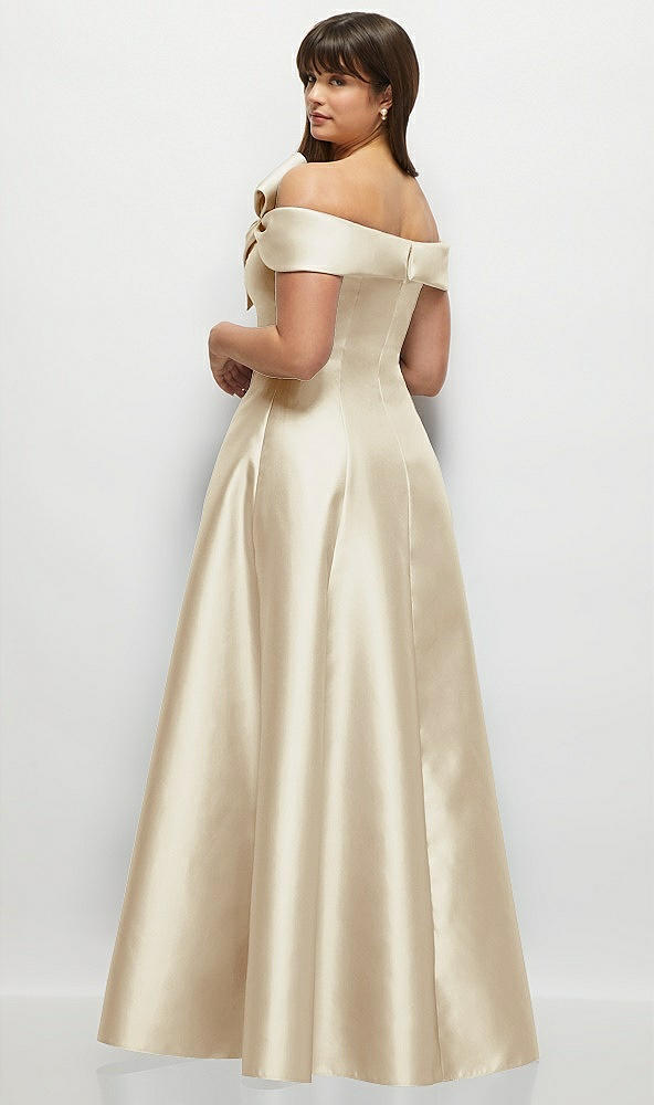 Back View - Champagne Asymmetrical Bow Off-Shoulder Satin Gown with Ballroom Skirt