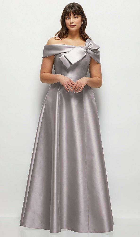 Front View - Cashmere Gray Asymmetrical Bow Off-Shoulder Satin Gown with Ballroom Skirt